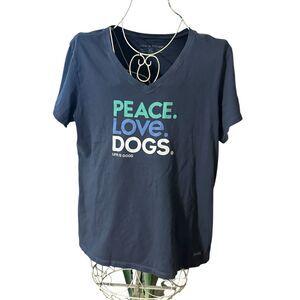 NICE Life Is Good Peace Love Dogs Short Sleeve Crusher V-Neck Tee Large Shirt Bl
